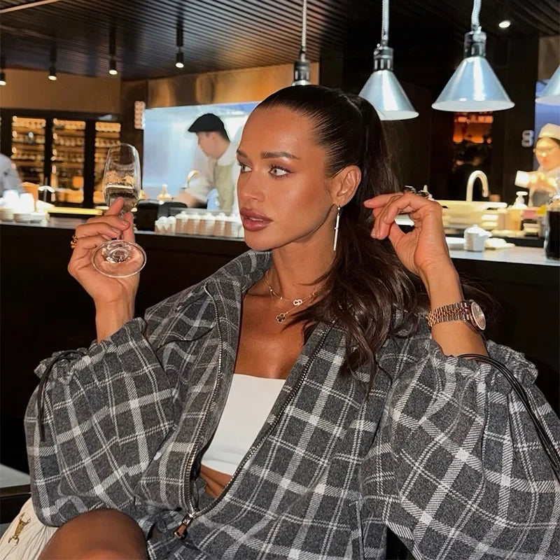 Casual Plaid Shorts Set Women Fashion Lapel Long-sleeved Zipper Jacket Short Pants Suit 2026 Lady Spring New Daily Street Outfit