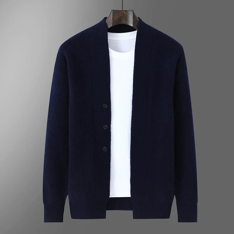 2025 Autumn Winter New Thick Cardigan 100% Pure Wool Men's Versatile Jacket V-Neck Loose Casual Highend Knitted Cashmere Sweater