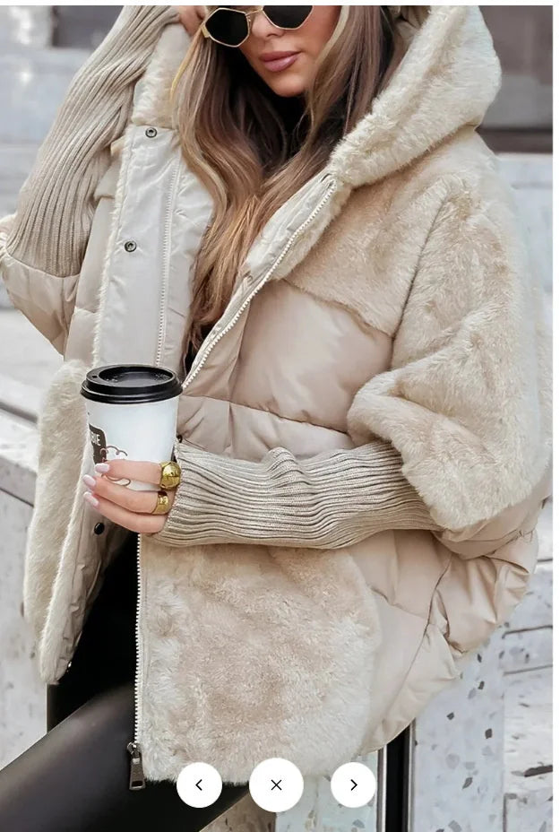 Women‘s Hooded Patchwork Warm Coat Autumn Padded Jacket Oversize Outerwear In Winter