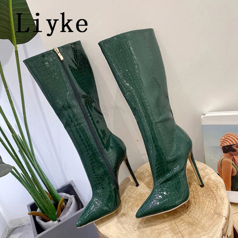 Liyke Autumn Winter Zip Knee High Boots Women Sexy Pointed Toe Snake Print Stiletto Heels Party Nachtclub Stripper Shoes Pumps