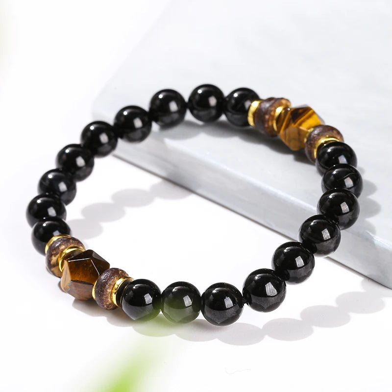 JD Natural Stone Black Agate Yellow Tiger Eye Faceted Bead Strand Bracelet Women Men Bohe Style Yoga Healing Energy Jewelry