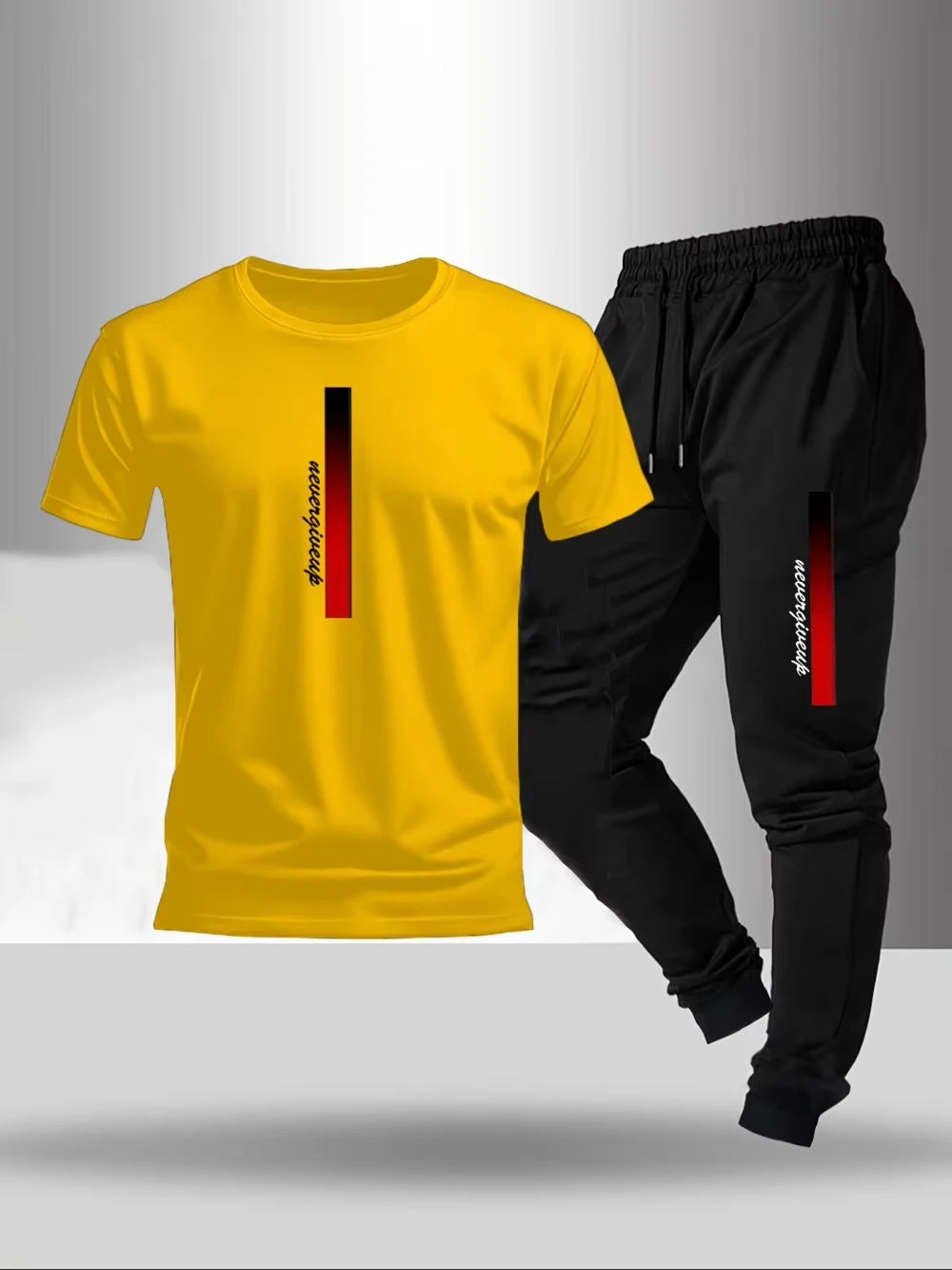 2026 New men's fashionable letter gradient printed breathable T-shirt and drawstring pants set suitable for outdoor casual wear