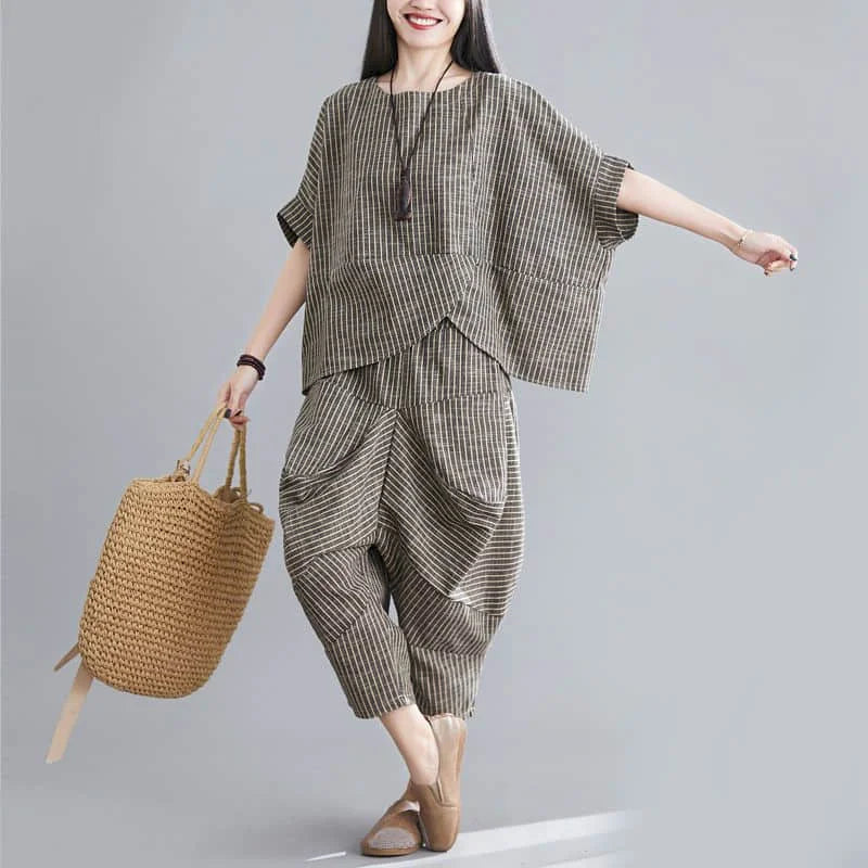 Summer New Women's Suits RETRO Art Stripe Short Sleeve T-shirt Loose Top Women's Knickerbockers Casual Pants Two Piece Sets