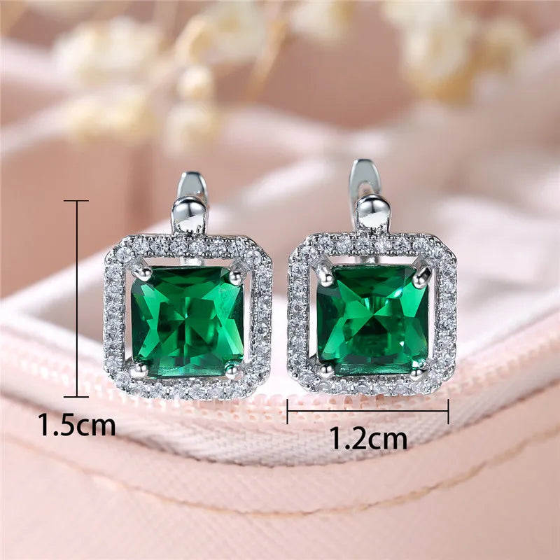Female Luxury Green Square Zircon Stone Clip Earrings Charm Silver Color Wedding Jewelry For Women