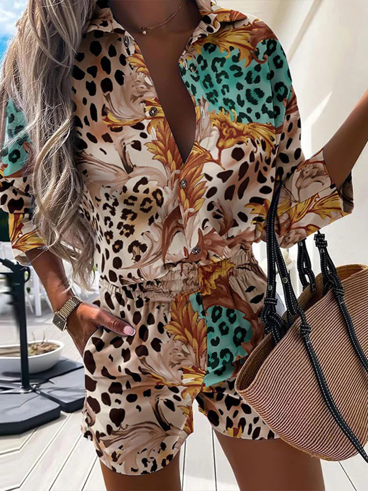 Fashion Women Print Two Piece Sets 2022 Spring Summer Turn-down Neck Long Sleeve Shirt Tops Short Pant Suit Lady Casual Outfit