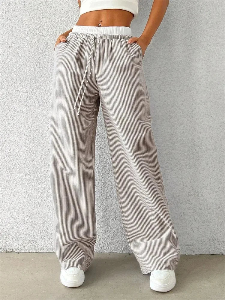 Casual Striped Woven Wide Leg Pants for Women Autumn Winter Casual Stylish Full Length Trousers Y2K Clothes Streetwear