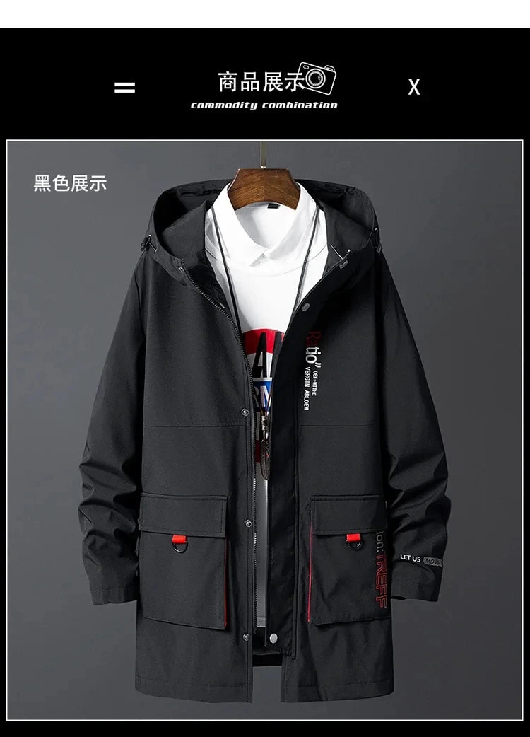 Korea Fashion Oversize 7XL 8XL 2024 Casual Men's Black Windbreaker Jackets Long Trench Coat For Spring Autumn Winter Clothes