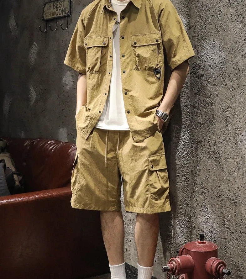 Trendy Cargo Summer Clothes Set Men Short Sleeve Shirt with Pockets And Shorts Solid Casual Safari Outdoor Outfits