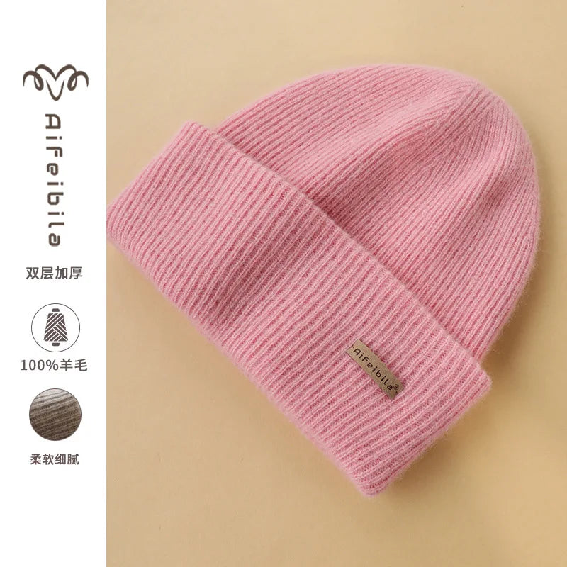 100% Merino Wool Double-Sided Beanie for Men Women Thick Soft Warm Winter Skull Caps Solid Color Knitted Beanies Hat