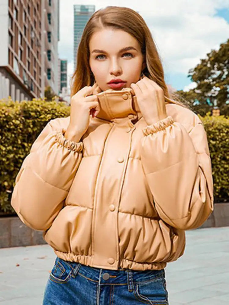 Winter Warm Thick PU Leather Coats Women Short Parkas Fashion Black Cotton Padded Lady Down Jacket Elegant Zipper Clothes 2025