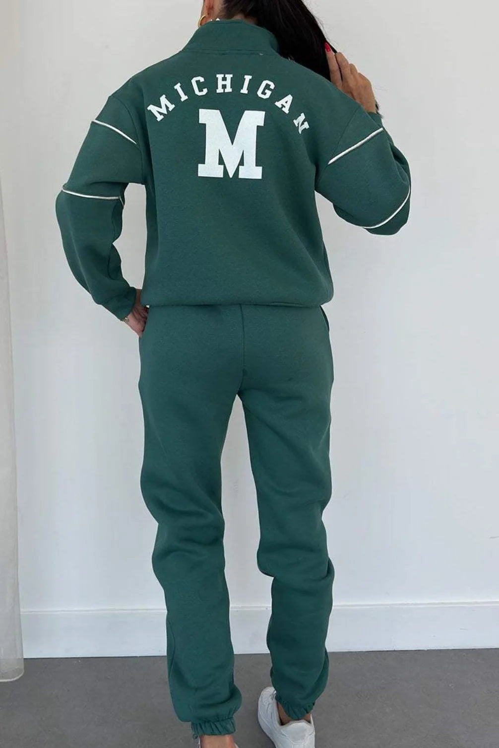 Autumn Winter Women's Fashion Letter Print Sweatshirt Set Casual Zipper Half Open Collar Long-sleeve + Sweatpants Two-piece Set