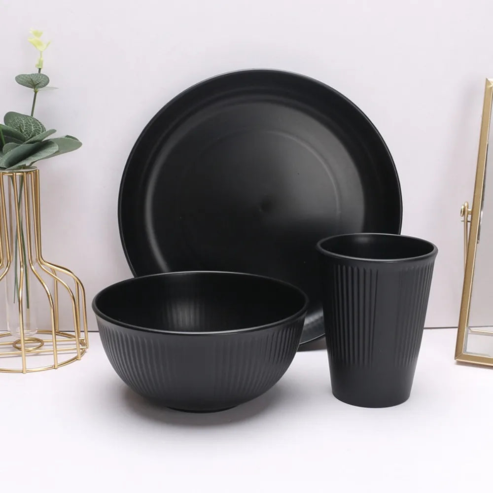3pcs/set Eco-friendly Plastic Black Tableware Set Vertical Stripes Anti-fall Cutlery Set Plate/Bowl/Cup Party