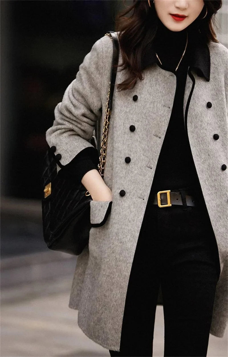 New High Quality Woolen Coat Female Autumn Winter Fashion Korean Slim Casual Versatile Style Contrast Color Wool Overcoat Women