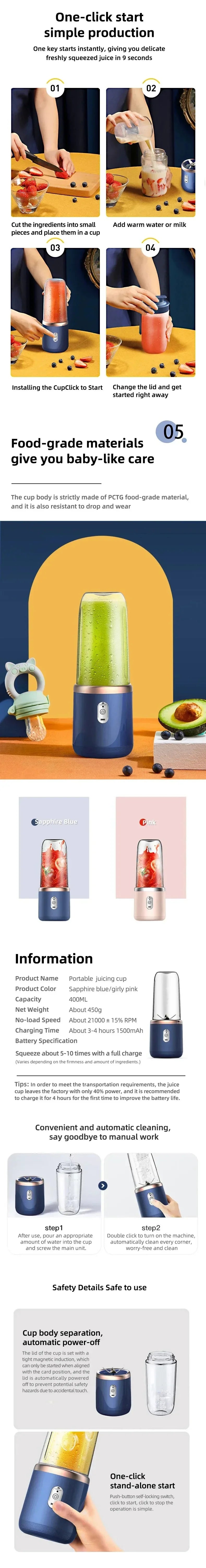 6 Blade 400ml Portable USB Blender Electric Travel Juicer Cup Mini Kitchen Tool for Smoothies Shakes