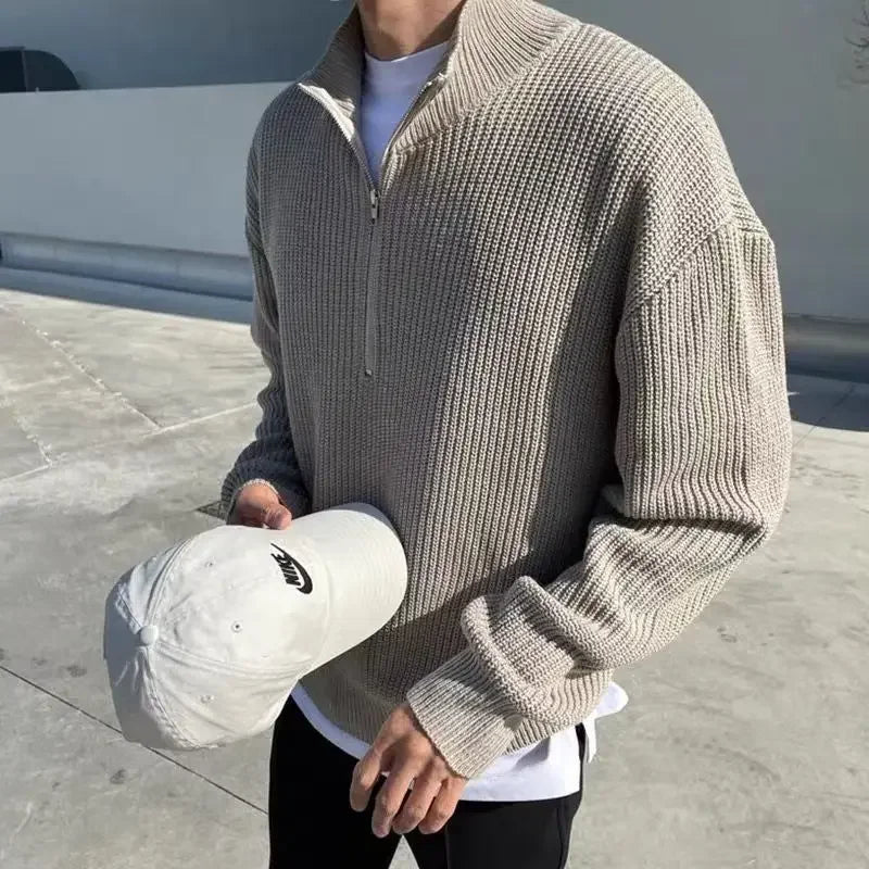 American Fashion Brand Design Korean Style Stand Collar Half Zipper Sweater Men's Temperament Versatile Knitted Sweater