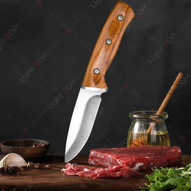 Kitchen Knife Supplies Forged Butcher Knife Fruit Slicing Bottle Opener Knife Multipurpose BBQ Cooking Chef Knife Wood Handle