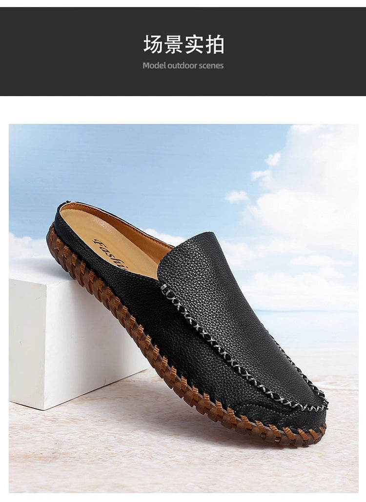 Plus Size 38-48 Handmade Mules Mens Backless Loafers Slippers Half Shoes For Men Slide Closed Toe Sandals Semi-Drag Casual Shoes