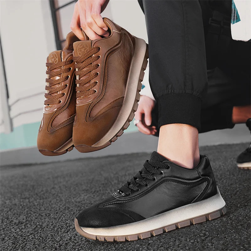 Classic Leather Casual Sneakers Men Comfortable Men's Spring Autumn Sneakers Platform Shoes Lace Up Brown Black Footwear 2025