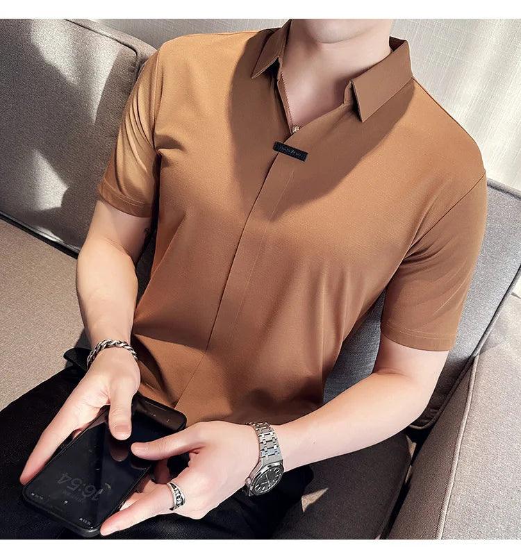 Luxury Purple Polo Shirts For Men High Quality Summer Short Sleeve Men's Polos Ice Silk Elastic Slim Fit Turn Down Collar Tees
