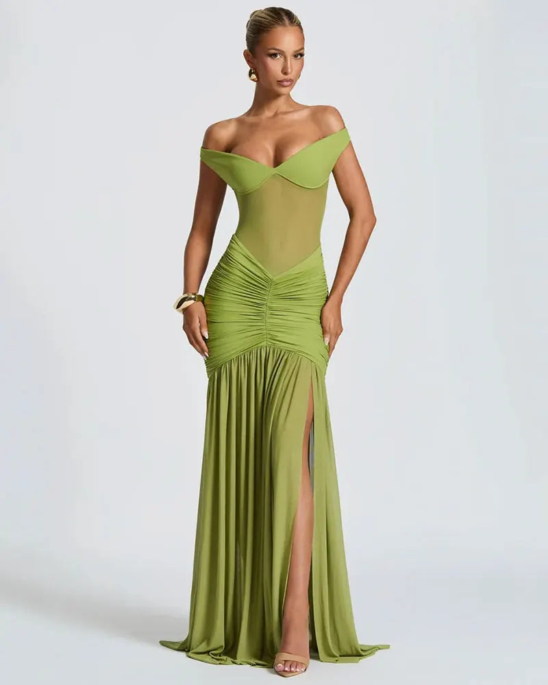 GACVGA Mesh Patchwork Sexy Bodycon Maxi Dress Women Draped Gown Summer Halter Backless Ruched High Split Club Party Long Dress
