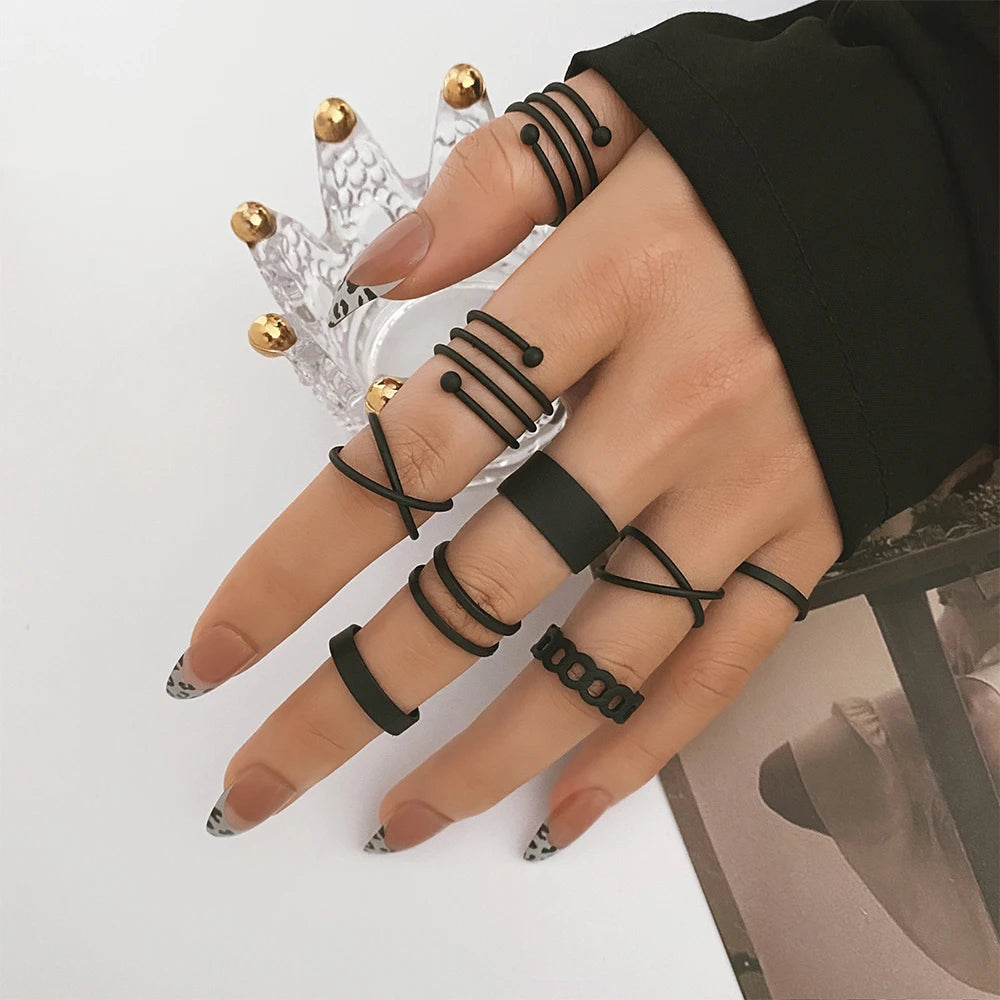 Punk Black Finger Rings For Women Men Simple Chain Ring Set Fashion Rings 2026 Trend Friend Gifts Party Knuckle Jewelry Party