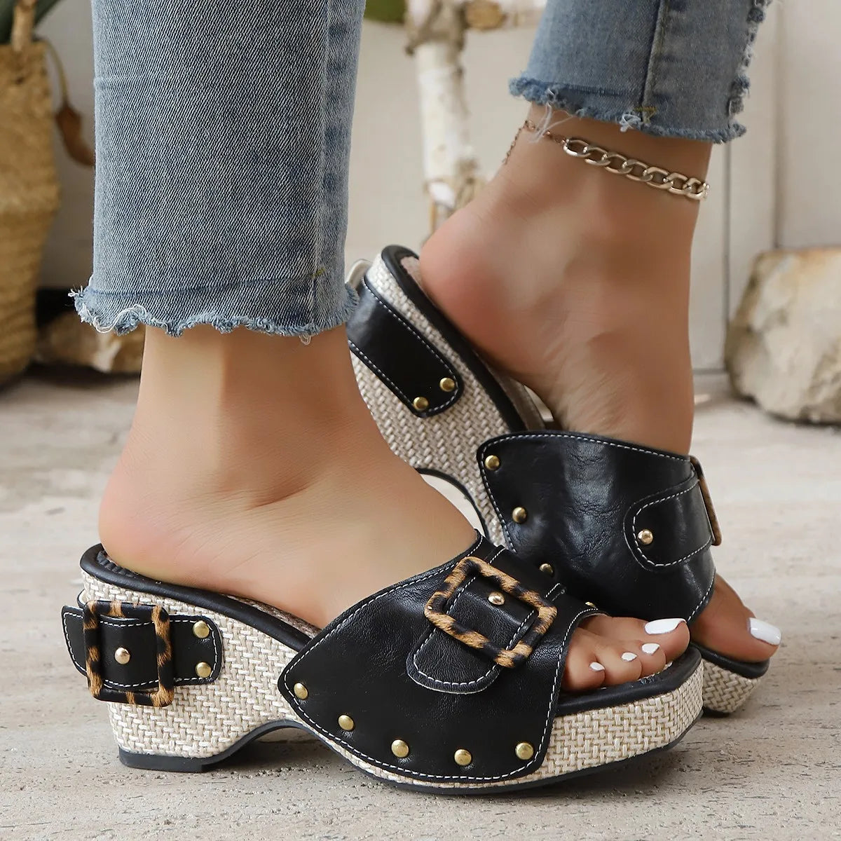 2025 Summer Fashion Sandals Thick Soled Interior Height Increasing Color Blocked Slope Heel Large 43 Women's Shoes Mules