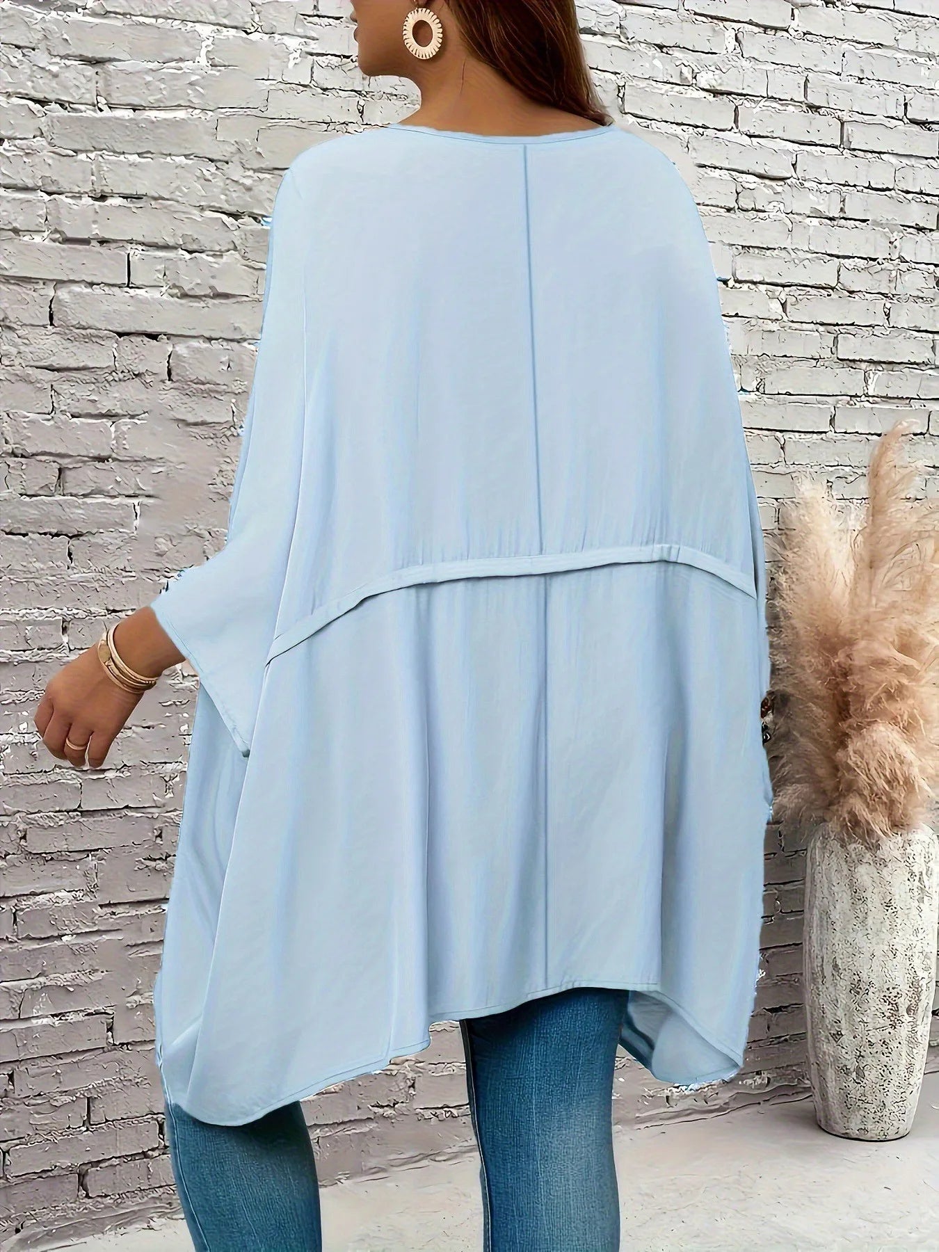 Plus-size women's clothing - solid-color loose crew-neck batwing sleeve top for spring and autumn casual vacations