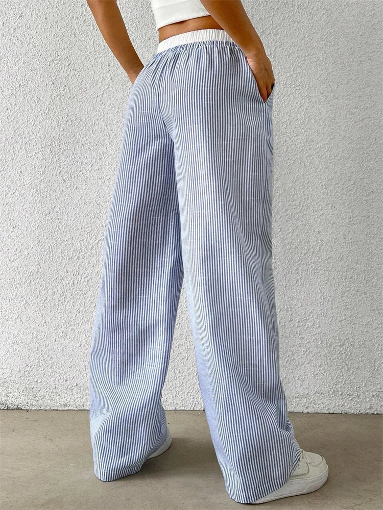 Casual Striped Woven Wide Leg Pants for Women Autumn Winter Casual Stylish Full Length Trousers Y2K Clothes Streetwear