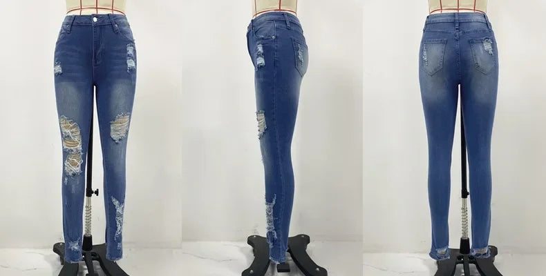 Women's Skinny Jeans Hole Design Spring Summer New Style Butt Lifting Long Trousers Comfortable Fit Denim Pants