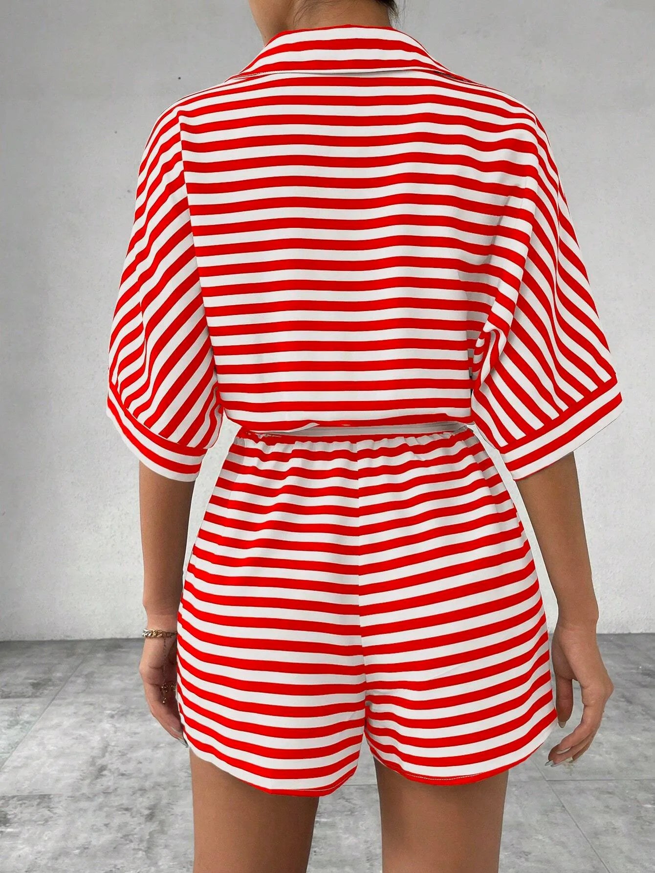 Summer New Set For Women's Casual Loose Comfortable Outfit Fashion Striped Batwing Sleeve Shirt Top+ Shorts 2-piece Sets Woman
