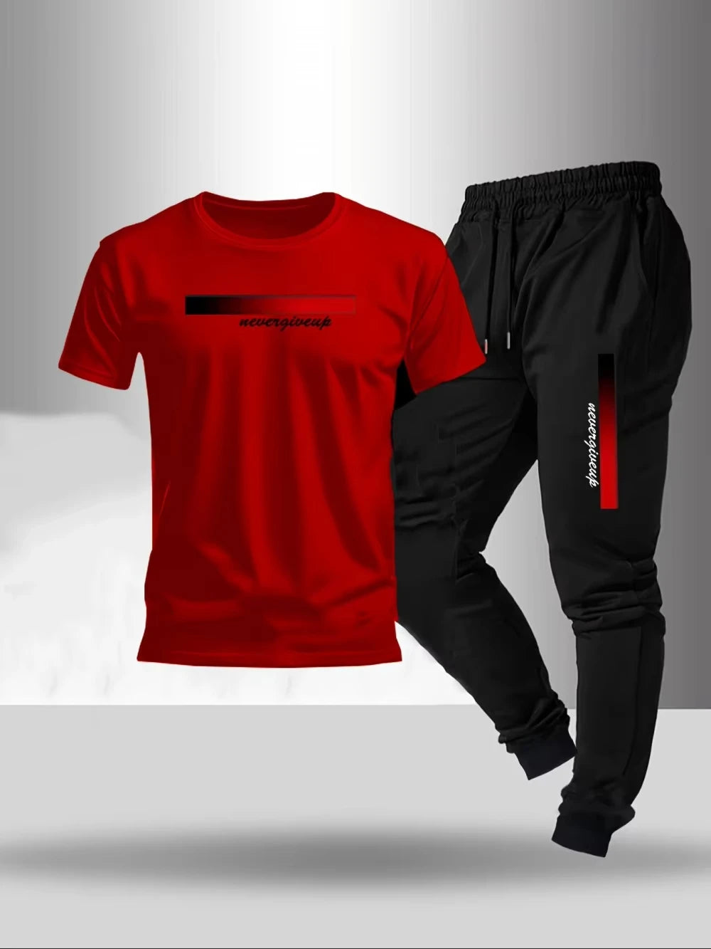 2026 New men's fashionable letter gradient printed breathable T-shirt and drawstring pants set suitable for outdoor casual wear