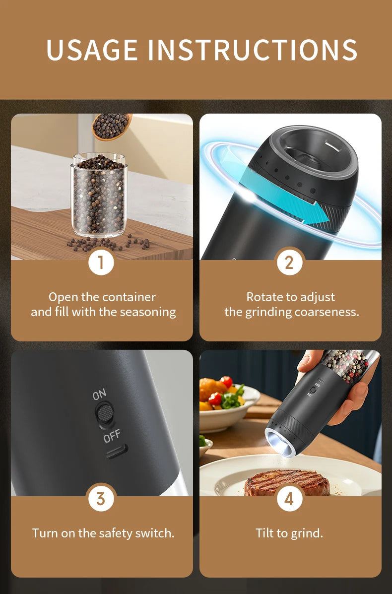 1/2PCS Electric Salt And Pepper Grinder with LED Light Gravity Sensing Adjustable Spice Mills Cordless Automatic Kitchen Gadget