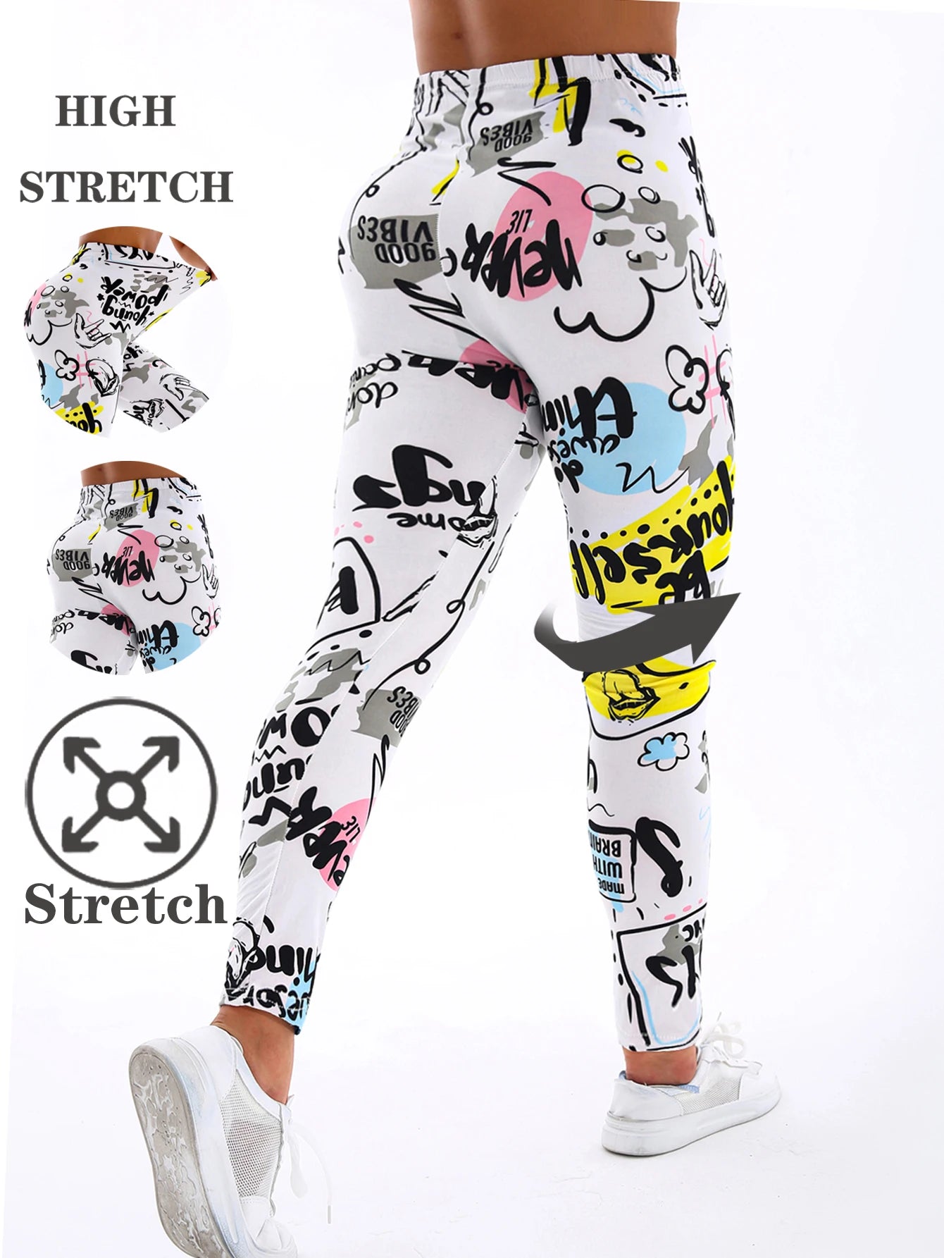 White And Yellow Letter Printed Casual Tight Pants For Women High Elasticity Fitness And Yoga Pants Sexy Nine Point Pencil Pants