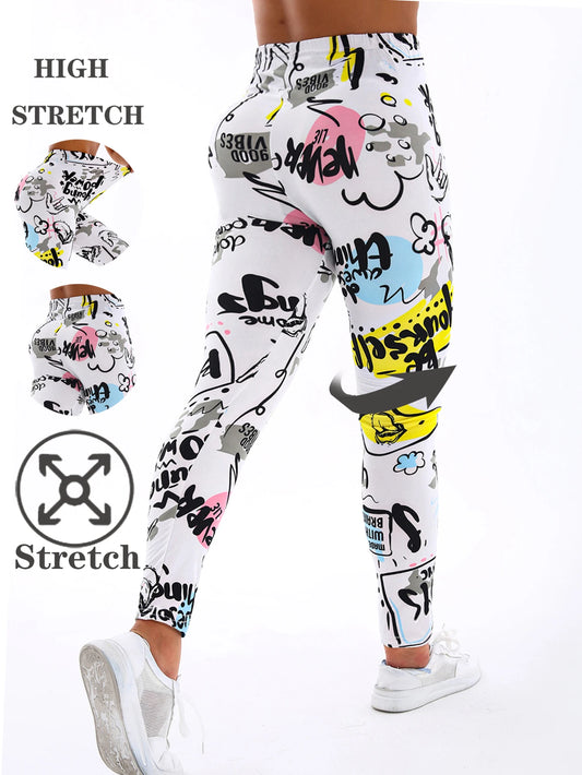 White And Yellow Letter Printed Casual Tight Pants For Women High Elasticity Fitness And Yoga Pants Sexy Nine Point Pencil Pants