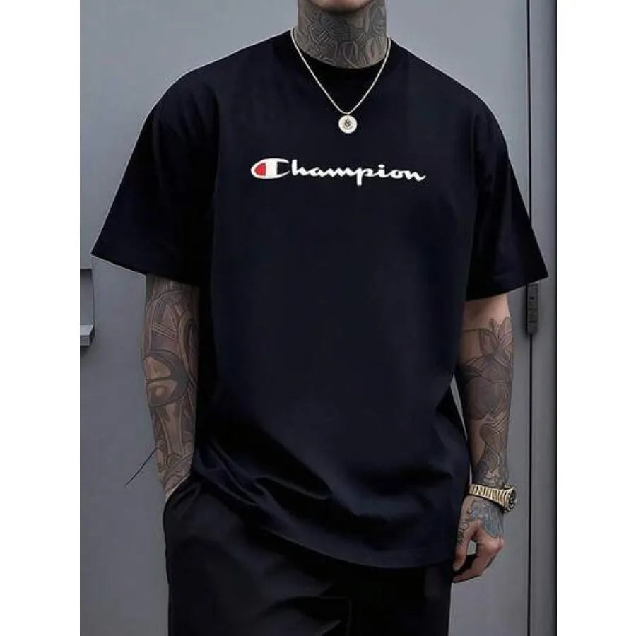 【Spot goods】Champion Script Logo Graphic Men's Black T-Shirt Comfortable Casual Short Sleeve 220 Gram Heavyweight Cotton Printe