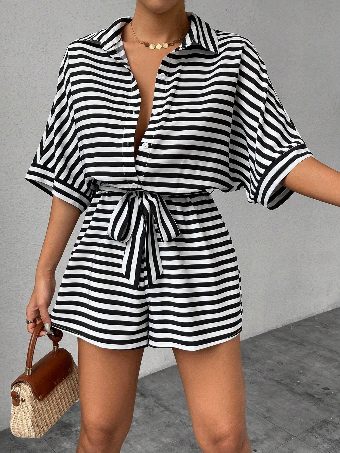 Summer New Set For Women's Casual Loose Comfortable Outfit Fashion Striped Batwing Sleeve Shirt Top+ Shorts 2-piece Sets Woman