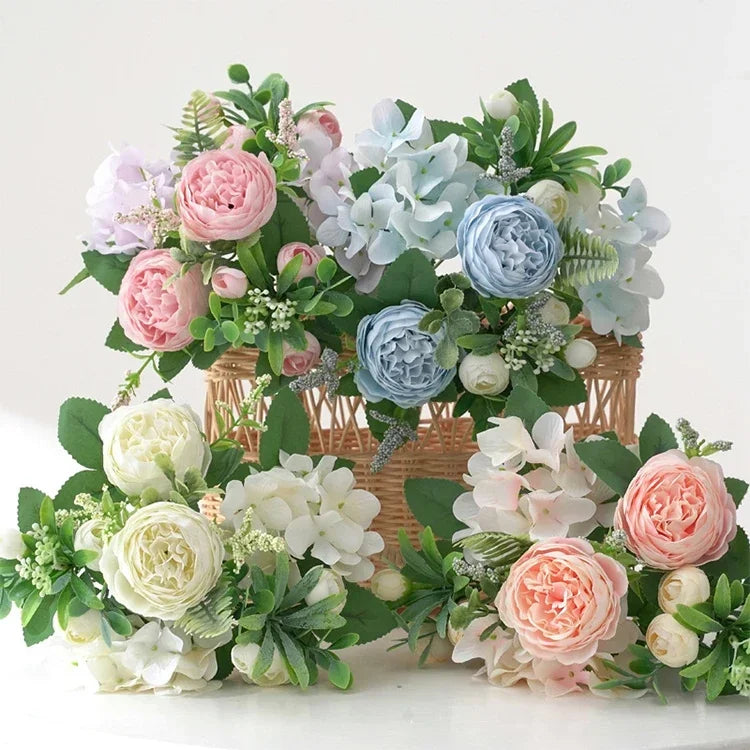 Blue Silk Bouquets Artificial Forest Hydrangea Peony Bud Wedding Bride Hand Bouquet Home Garden Desktop Flower Arrangement Decor