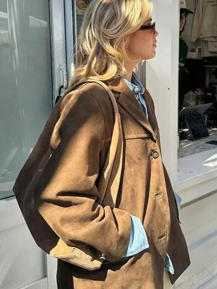 Boyfriend Brown Coat For Women Spring Turndown Collar Long Sleeve Female Jacket 2025 Fashion Loose Single-breasted Lady Coats