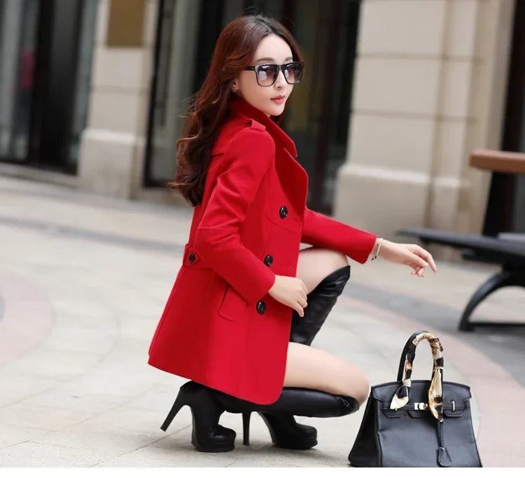 Spring Autumn Women's Slim Fit Short Double Breasted Woolen Coat Thickened Korean Style Fashionable Outerwear