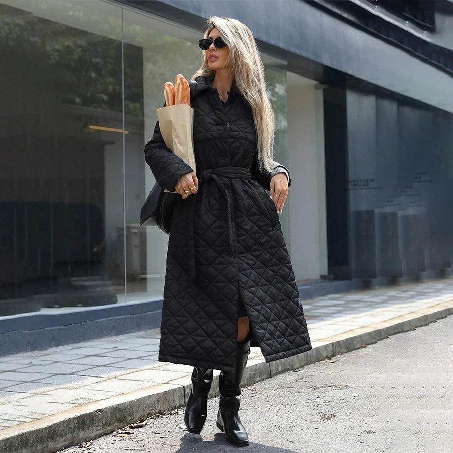 Conciso Women's Coat Spring Autumn Solid Color Lapel Gathered Waist Office Versatile Parka Long Belt Diamondback Jacket M25002