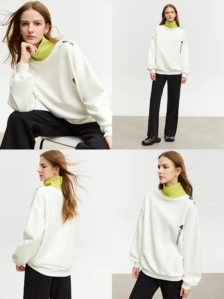 AMII Minimalist Preppy Style Embroidery Sweatshirt Women 2024 Autumn Lazy Loose Spliced Turtleneck Velvet Pullovers 12333011