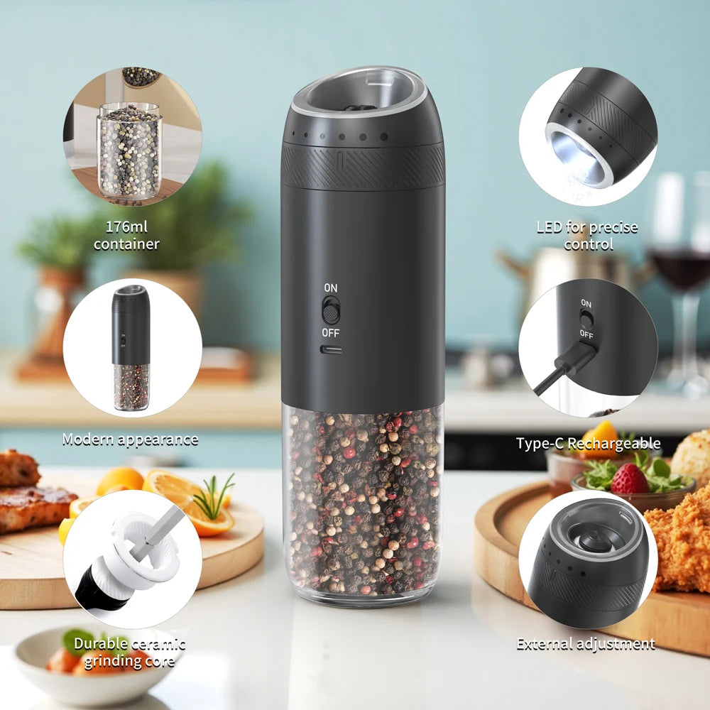 1/2PCS Electric Salt And Pepper Grinder with LED Light Gravity Sensing Adjustable Spice Mills Cordless Automatic Kitchen Gadget