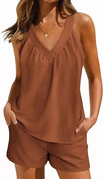 New Summer Women's 2-piece Set Pink V-neck Vest Elastic Pocket White Stylish Black Shorts Set