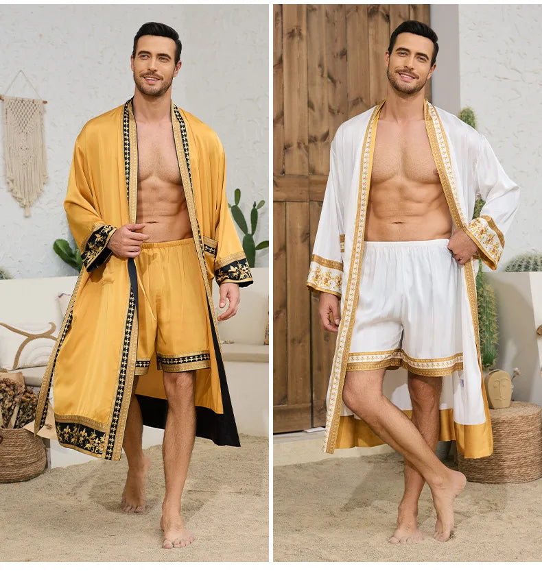 Spring Summer New Men Pajama 2PCS Robe Shorts Set Baroque Style Silk Satin Kimono Bathrobe Gown Loose Home Clothing Loungewear