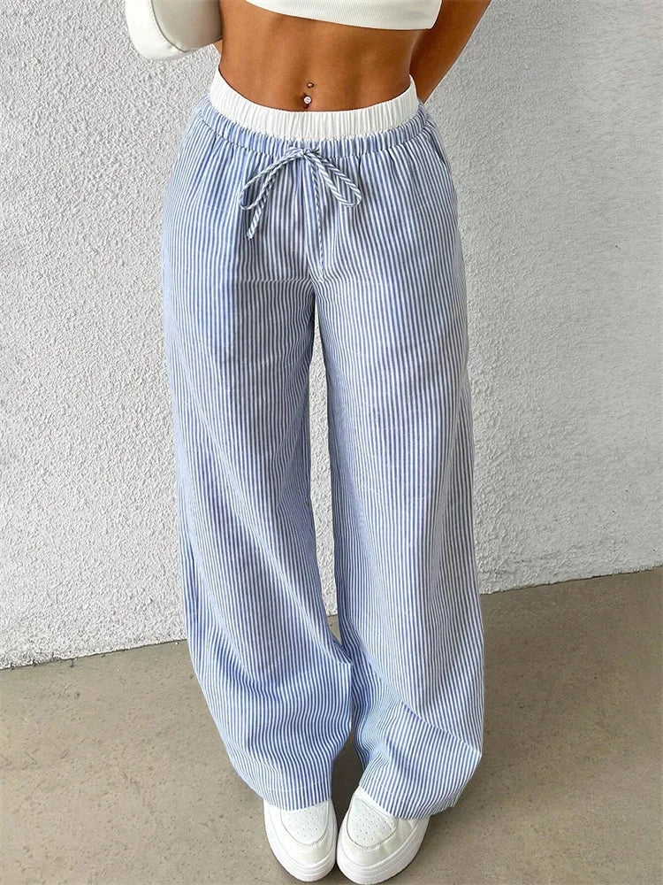 Casual Striped Woven Wide Leg Pants for Women Autumn Winter Casual Stylish Full Length Trousers Y2K Clothes Streetwear