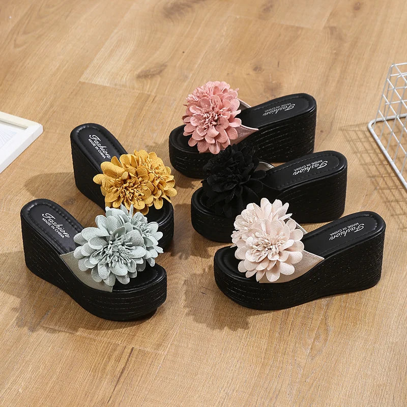 2025 Wedges Sandals Women Slippers Summer Beach Platform Shoes Flower Slippers Women High Heel Slippers Women Fashion