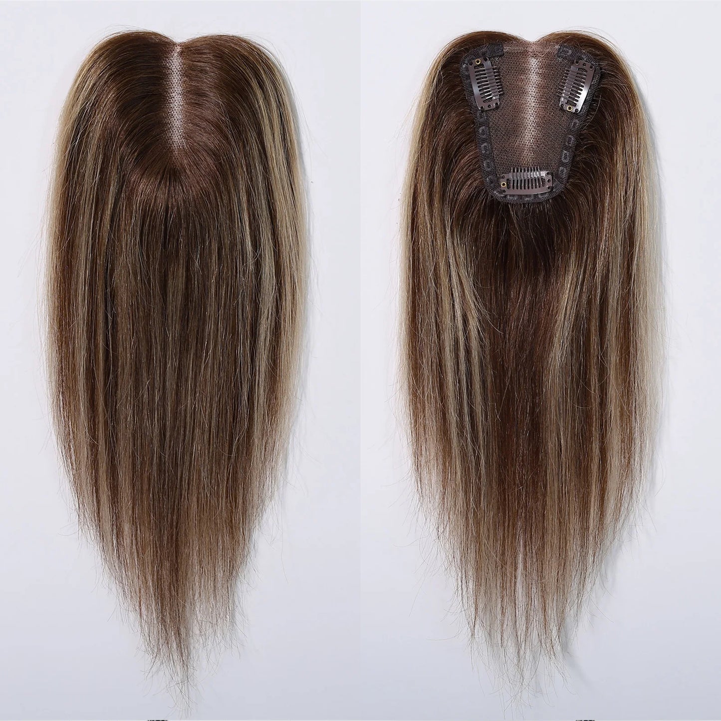 100% Real Human Hair Toppers for Women Ombre Brown Blonde Hair Topper 3.5*4 inch Lace Base Clip in Hair Extensions for Hair Loss