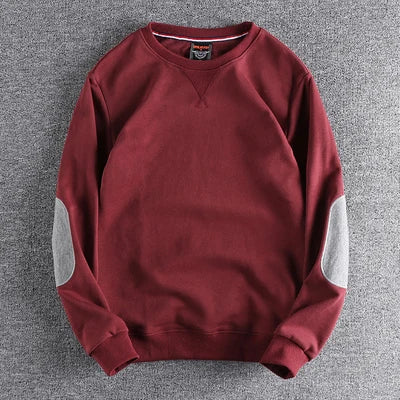 Spring New American Retro Sleeve Patch Solid Color Sweatshirt Men's Simple 100% Cotton Washed Pullover Loose Casual Sportwear