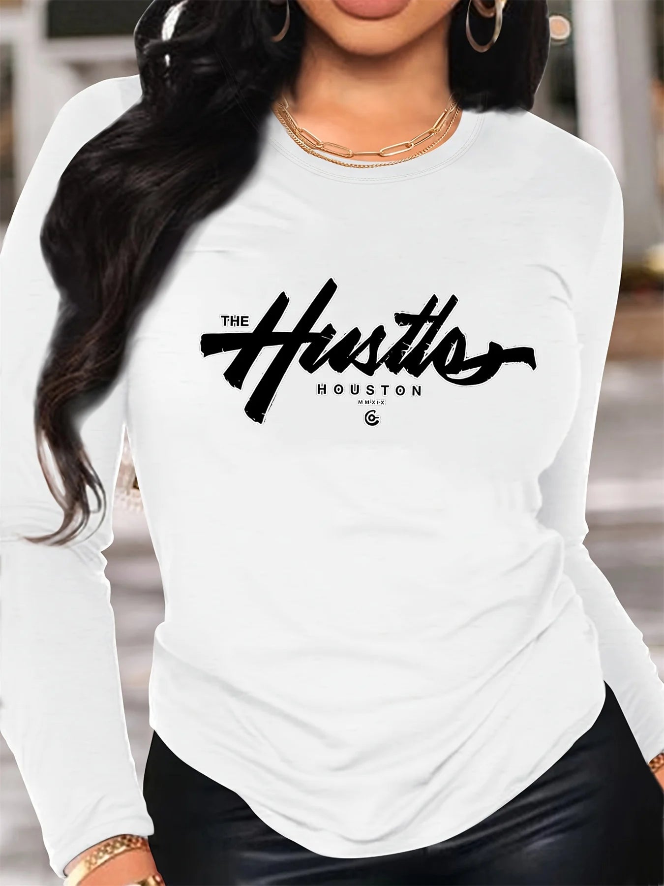 100% pure cotton women's spring and autumn comfortable casual long sleeved Houston letter graphic printed round neck T-shirt