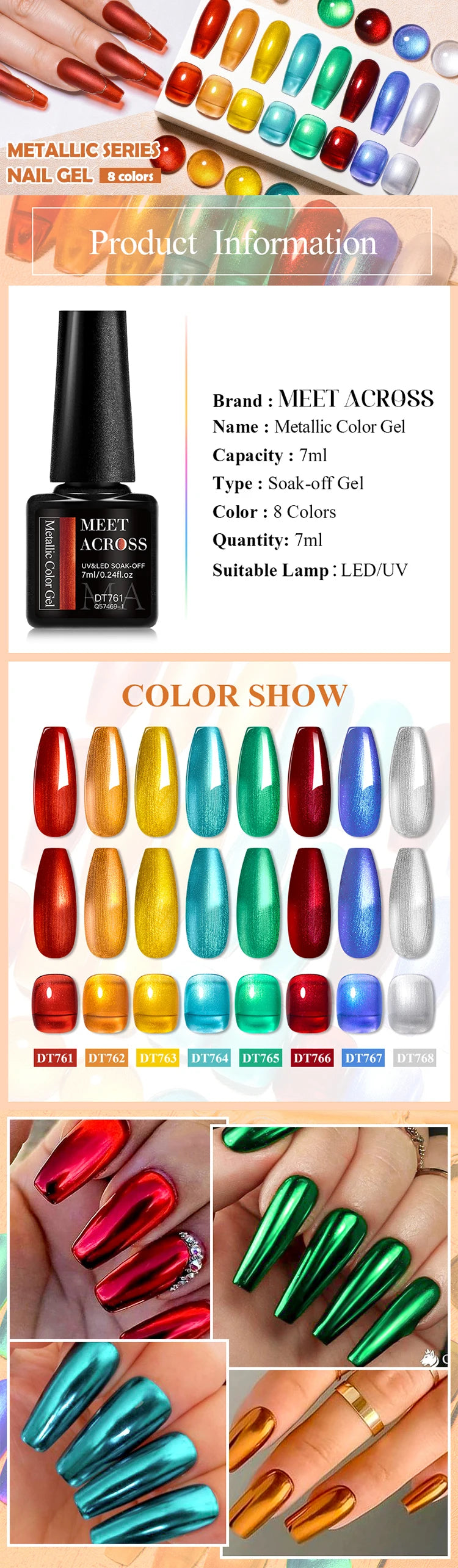 MEET ACROSS 8pc Metallic Series Gel Nail Polish Set Red Gold Mirror Effect Soak Off UV LED Gel Kit for Nail Art Manicure Varnish